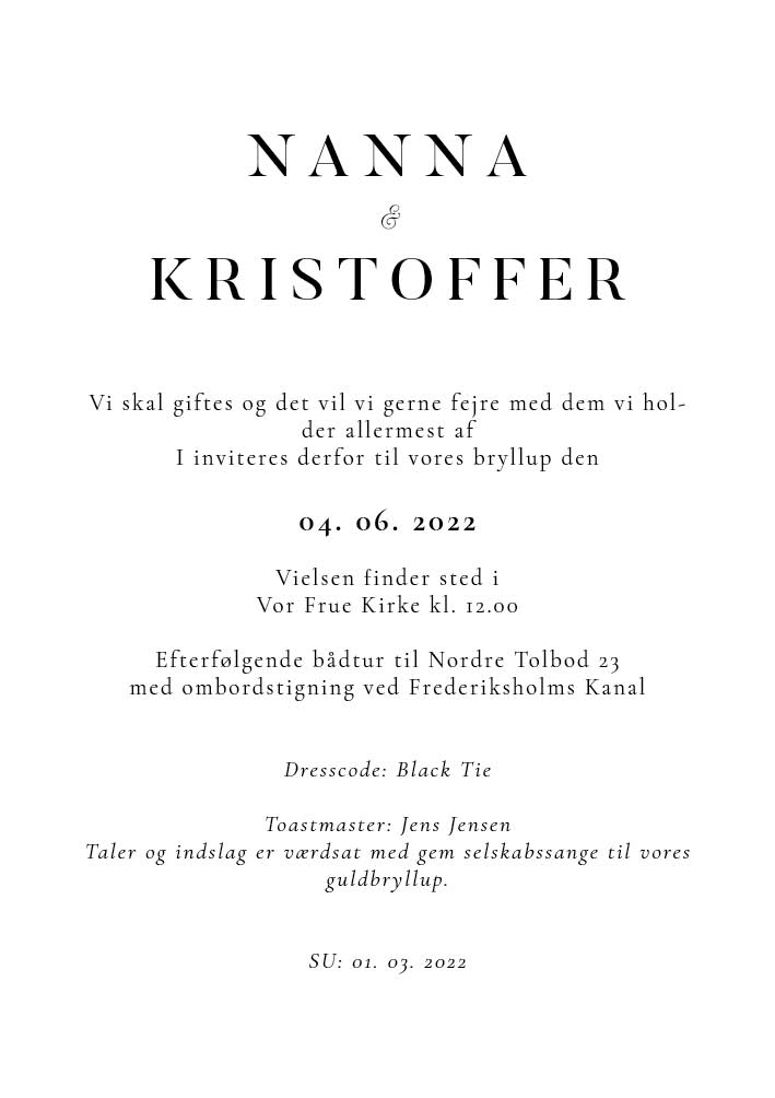 
                Nanna & Kristoffers bryllupsinvitation er meget klassiske i neutrale farver som sort og hvid. Disse invitationer er helt perfekte til jeres klassiske- og minimalistiske bryllup. Her er god plads til tekst på forsiden og de øvrige praktiske oplysninger for den store bryllupsdag kan indsættes på bagsiden. Der er desuden mulighed for design af alt det relateret tilbehør af festpynt I skulle få brug for i samme design såsom matchende velkomstskilt, salmehæfte, bordoversigt, bordkort, menukort, drinkskort, takkekort mm.                